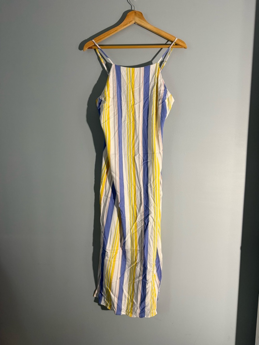 Madison Striped Spaghetti-Strap Maxi Dress in Yellow, Blue & White